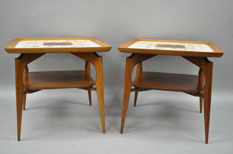 Pair of Mid Century Danish Modern Walnut & Tile Dish Top Sculptural End Tables