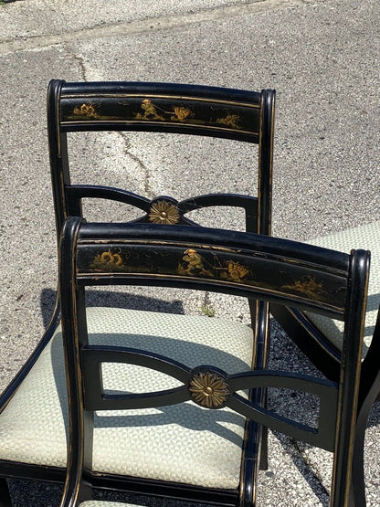 Vintage Chinoiserie Black Painted Asian Regency Style Dining Chairs - Set of 4
