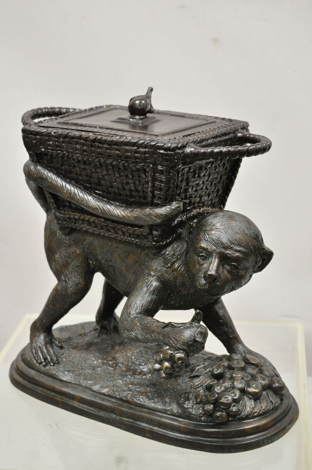 Maitland Smith Cast Bronze Monkey w/ Lidded Basket Planter Pot Statue Sculpture