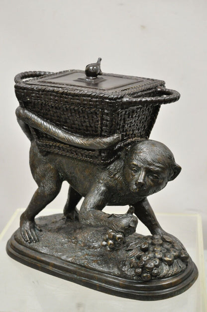 Maitland Smith Cast Bronze Monkey w/ Lidded Basket Planter Pot Statue Sculpture