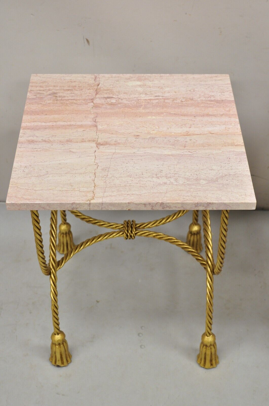 Italian Hollywood Regency Gold Iron Rope Tassel Pink Marble Top Side Table Pair