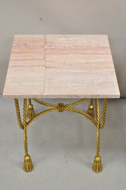 Italian Hollywood Regency Gold Iron Rope Tassel Pink Marble Top Side Table Pair