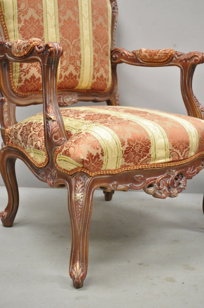 Pair of French Louis XV Style Repro Pink and Gold Bergere Lounge Arm Chairs