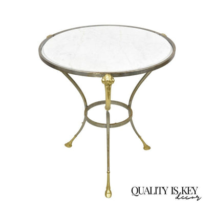 Italian Neoclassical Style Brass Rams Head Steel Metal Round Marble Side Table