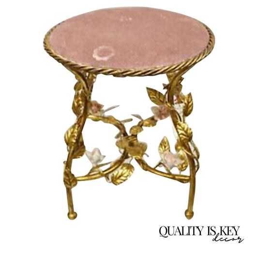 Italian Hollywood Regency Iron Metal Rope Gold Leaf Gilt Pink Seat Vanity Stool