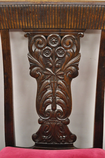 Antique Edwardian Floral Carved Mahogany Red Mohair Dining Chairs - Set of 4