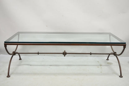 Italian Hollywood Regency Iron X- Frame Glass Top Rectangular Coffee Table