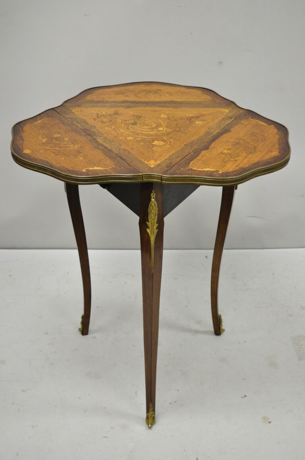 French Louis XV Satinwood Inlay Triple Drop Leaf Side Table with Bronze Ormolu