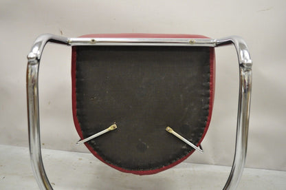 Lloyd Kem Weber Tubular Chrome Steel Red Vinyl Cantilever Arm Chair