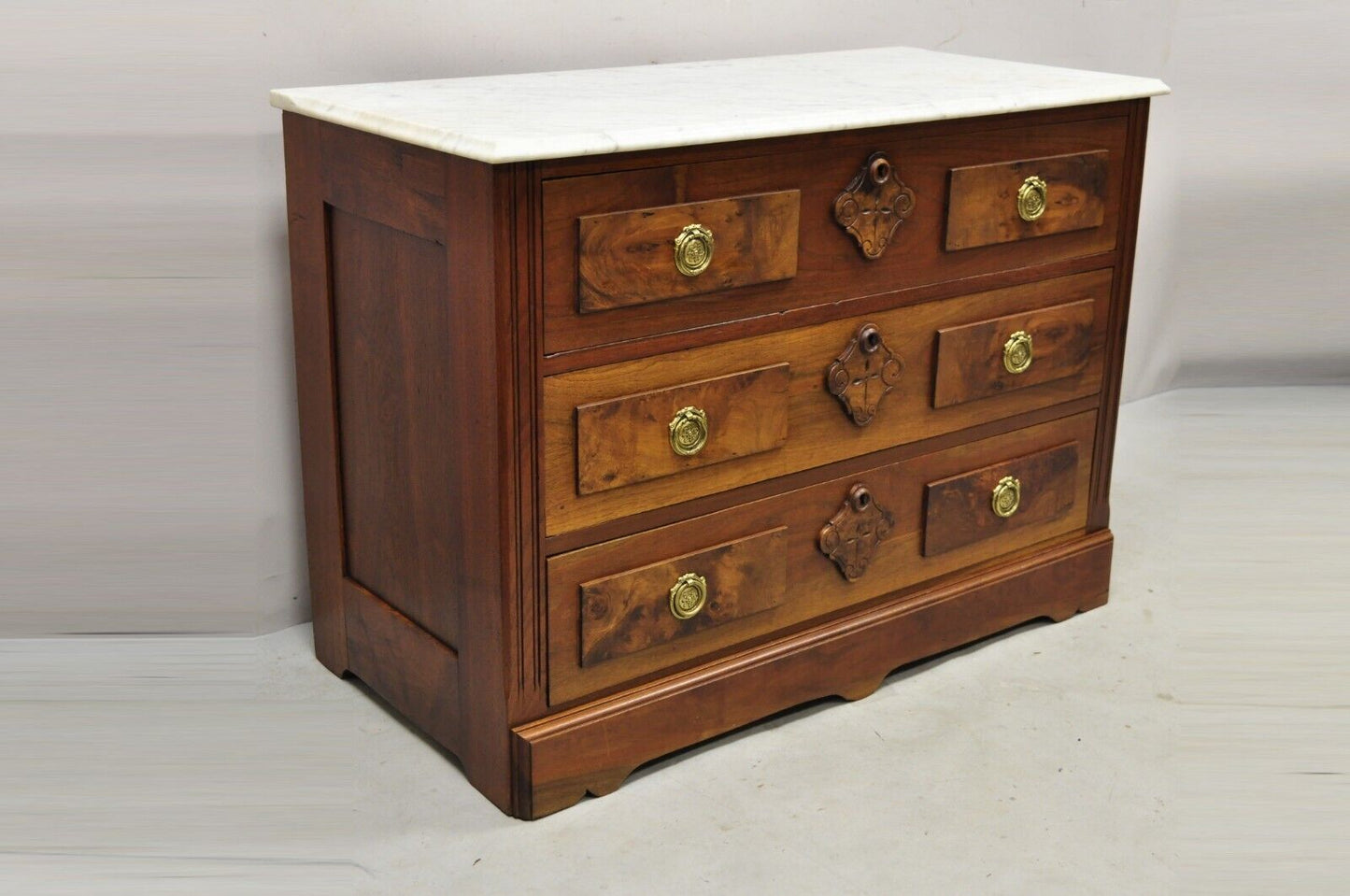 Eastlake Victorian White Marble Top Burl Walnut 3 Drawer Commode Dresser Chest