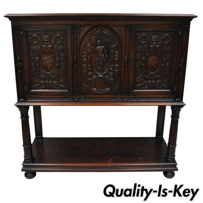 Antique Renaissance Revival Figural Carved Walnut Cabinet Sideboard Cupboard