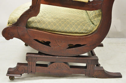 Antique Eastlake Victorian Carved Walnut Platform Rocker Rocking Chair