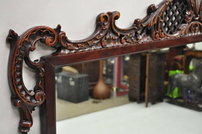 Antique Chinese Chippendale Style Fretwork Carved Mahogany Wall Mirror