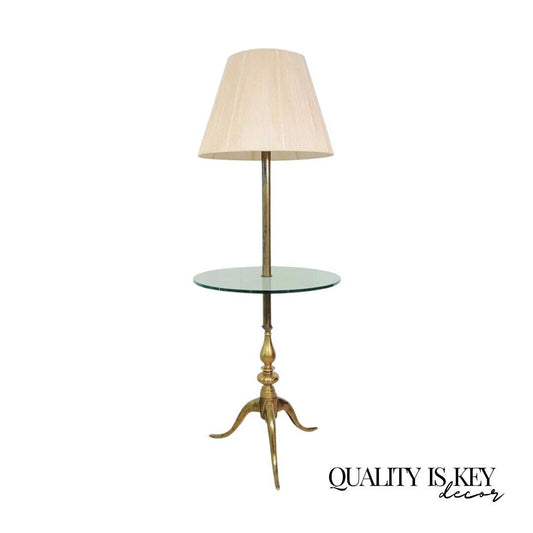 Vintage Solid Brass & Glass Queen Anne Traditional Occasional Floor Lamp Table