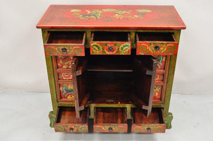 Tibetan Red and Green Hand Painted Wooden Buffet Cabinet Chest w/ Horse & Dragon