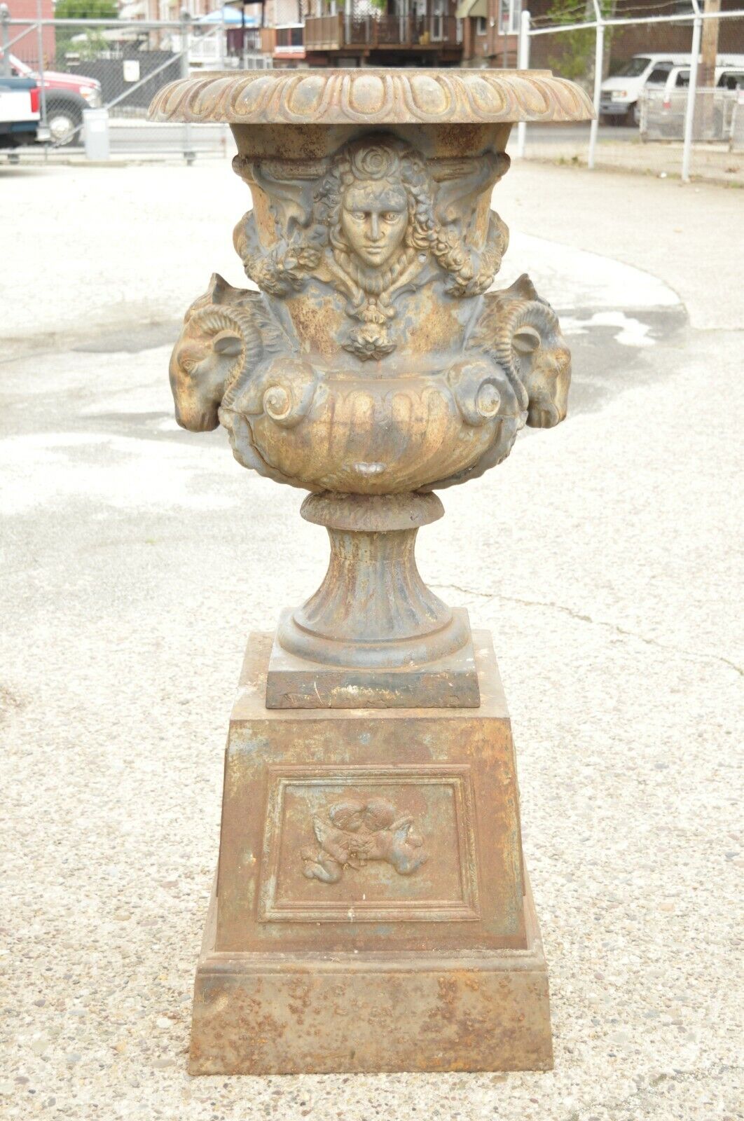 French Empire Regency Large Cast Iron Rams Head Garden Urn Planters - a Pair