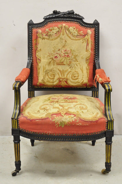 Antique French Empire Black Ebonized Walnut Needlepoint Parlor Arm Chair