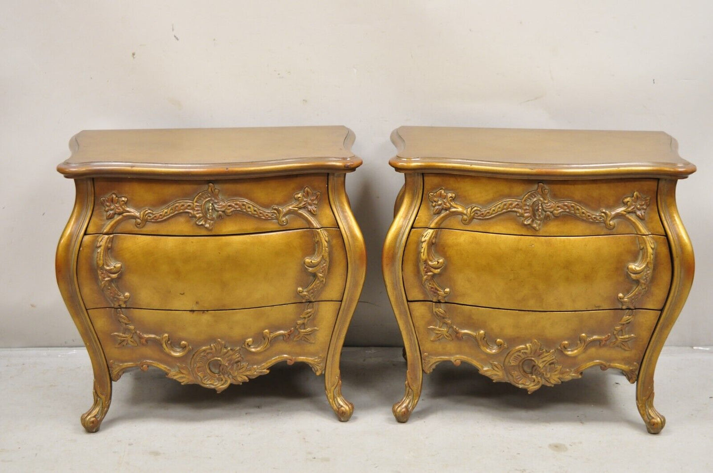 Vintage French Rococo Baroque Style Gold Gilt Bombe Nightstands -  a Pair