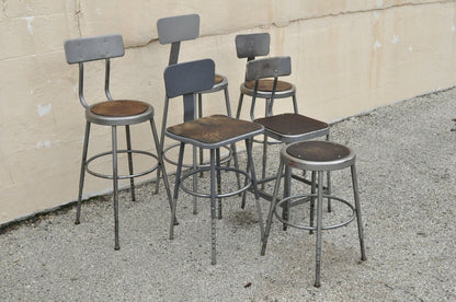 Group Lot of Six Vintage Industrial Steel Metal Drafting Work Stools Chairs