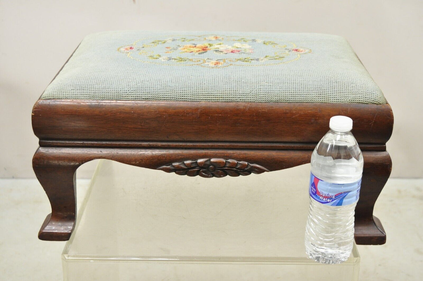 Antique Victorian Mahogany Blue Floral Needlepoint Footstool Ottoman