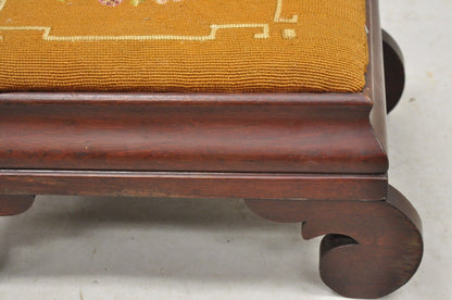 Antique American Empire Mahogany Brown Floral Needlepoint Footstool Ottoman