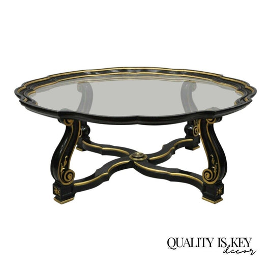 Vtg Black & Gold French Hollywood Regency Tray Coffee Table w/ Scalloped Edge