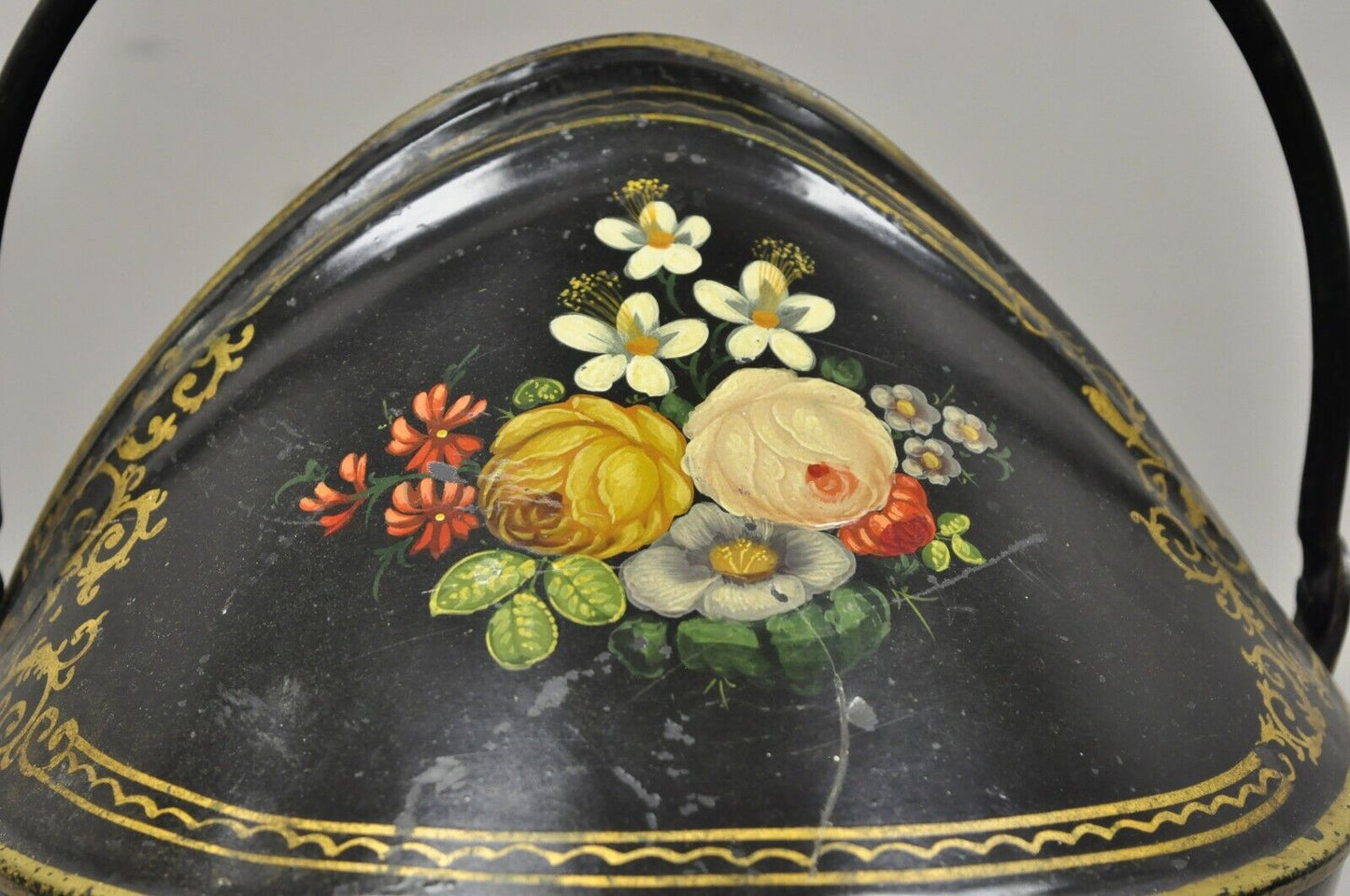 Antique Victorian Black Steel Hand Painted Flower Tole Metal Coal Scuttle Bucket