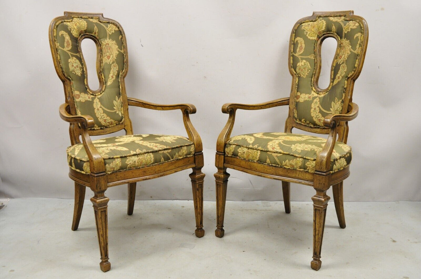Vintage Hollywood Regency Keyhole Back Fireside Lounge Arm Chairs - a Pair