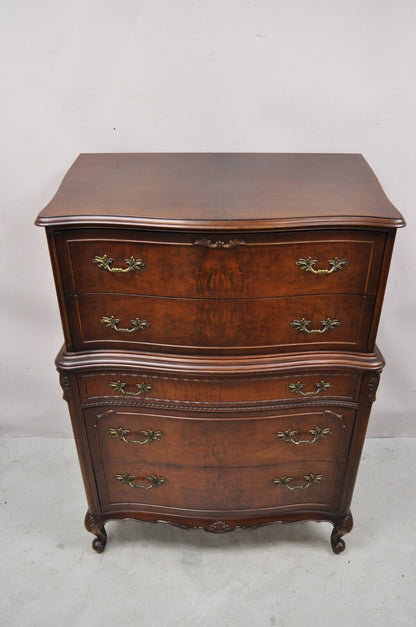 Vintage French Provincial Style Walnut Tall Chest Dresser Highboy Chest on Chest