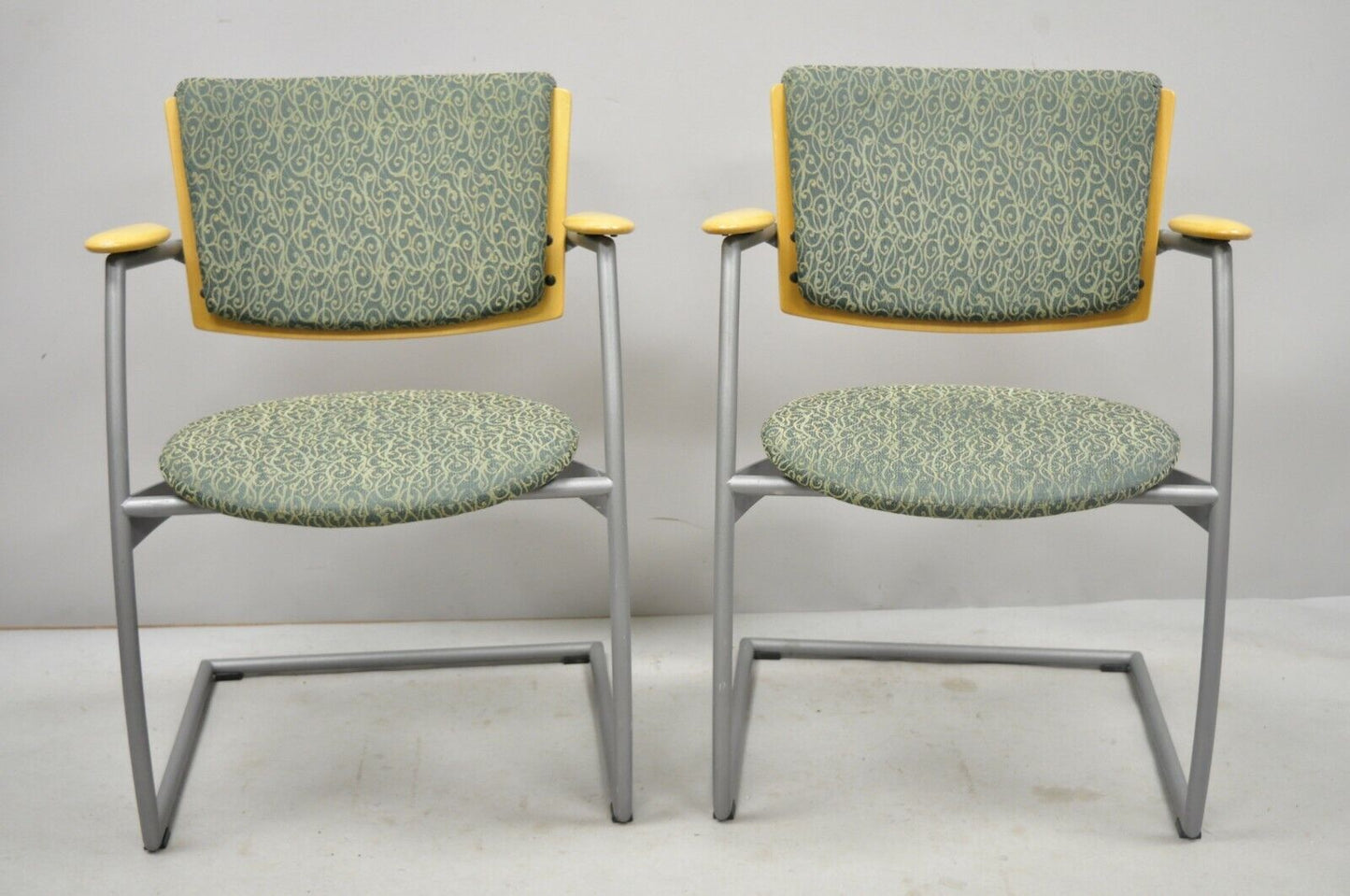 Pair of Martela Finland Wood Arm Metal Frame Modern Cantilever Office Arm Chairs