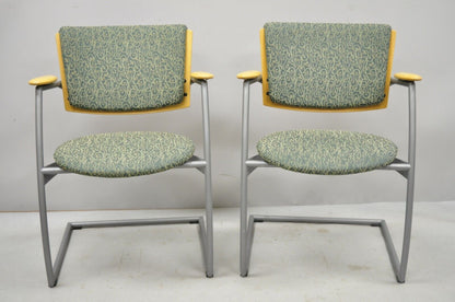 Pair of Martela Finland Wood Arm Metal Frame Modern Cantilever Office Arm Chairs