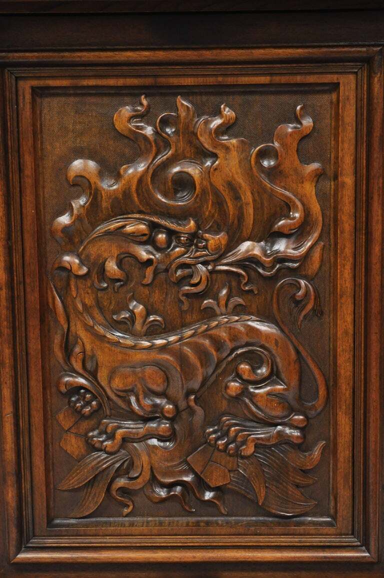 Gothic Renaissance Revival Carved Walnut Dragon Griffin Sideboard Hutch Cabinet