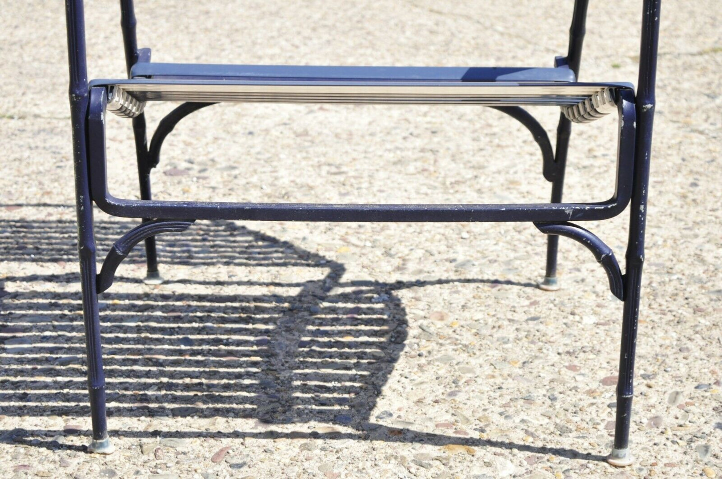 Vintage Faux Bamboo Aluminum Vinyl Straps Blue Patio Lounge Chair and Ottoman