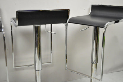 Modern Chrome and Steel Black Leather Adjustable Swivel Barstools - Set of 4