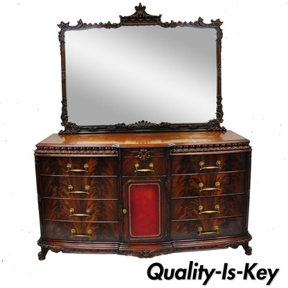 Chinese Chippendale Flame Mahogany Triple Dresser Chest & Mirror Detroit Furn.