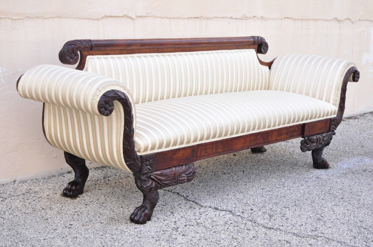 Antique American Empire Regency Mahogany Paw Feet Roll Arm Sofa