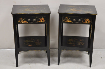 Katherine Henick Chinoiserie Chinese Black Hand Painted Nightstands - a Pair