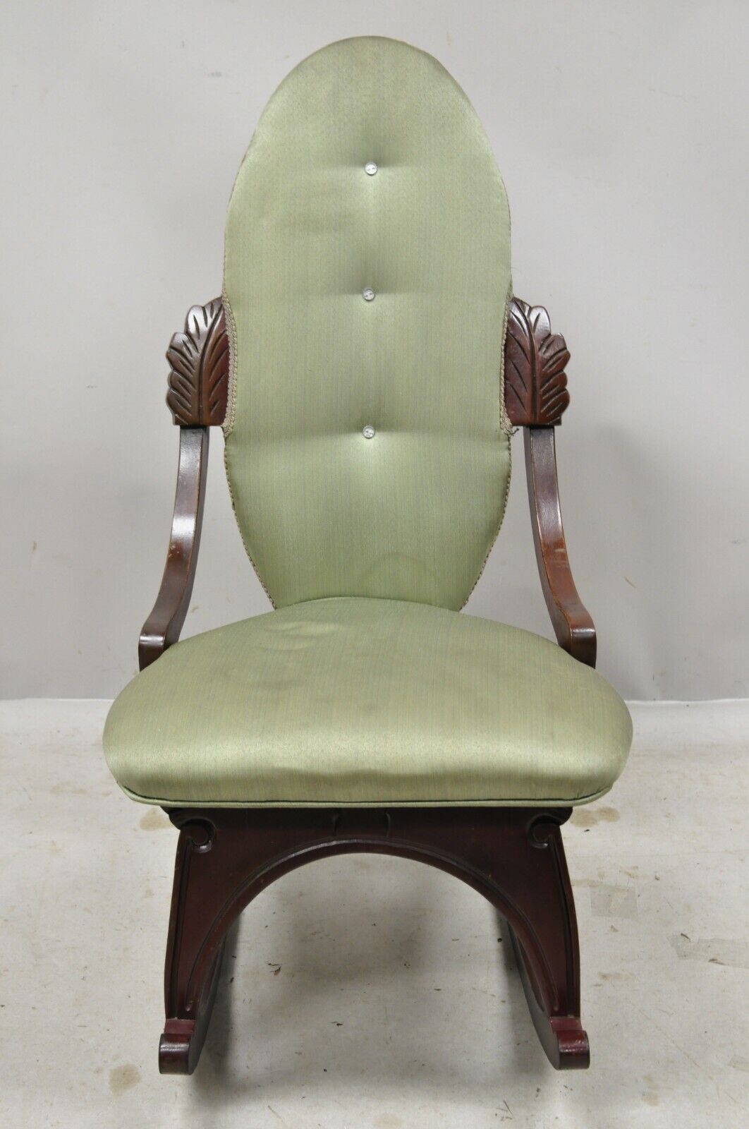 Vintage Victorian Small Mahogany Green Rocking Chair Rocker