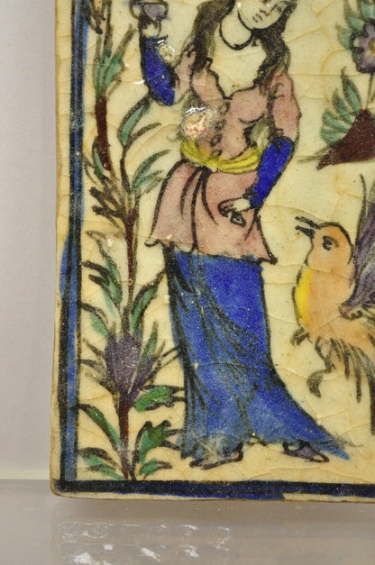 Antique Persian Iznik Qajar Style Ceramic Pottery Tile Woman and Bird C5