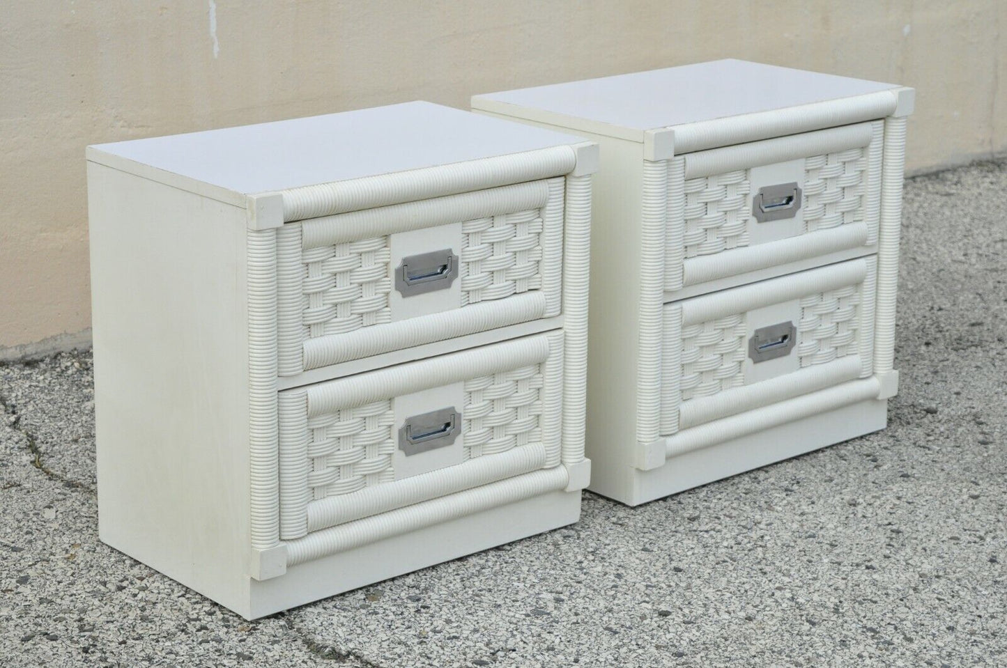 Dixie Cane Rattan Campaign Style White Hollywood Regency Nightstands - a Pair