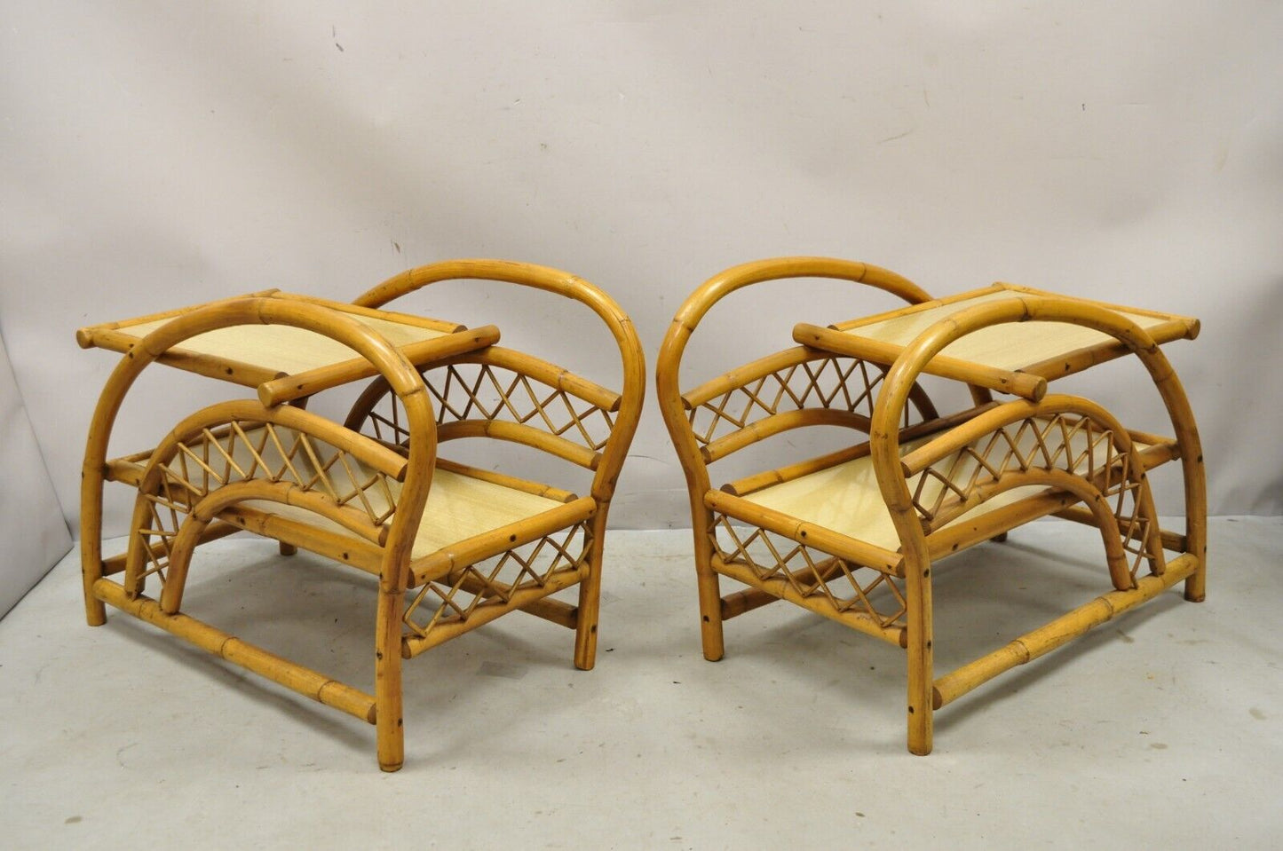 Vintage Tiki Rattan Bentwood Bamboo 2 Tier Sculptural End Tables - a Pair