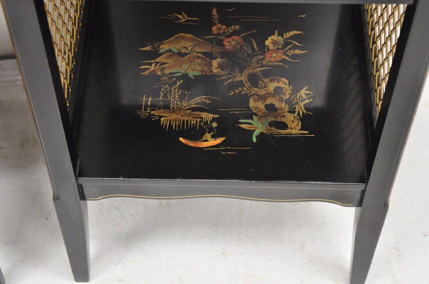 Katherine Henick Chinoiserie Chinese Black Hand Painted Nightstands - a Pair