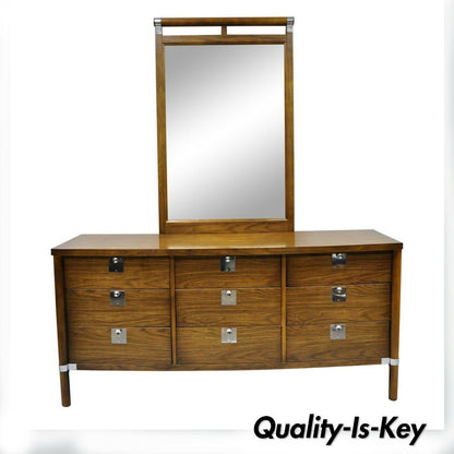 Vintage Mid Century Modern Walnut & Chrome 9 Drawer Credenza Dresser w/ Mirror