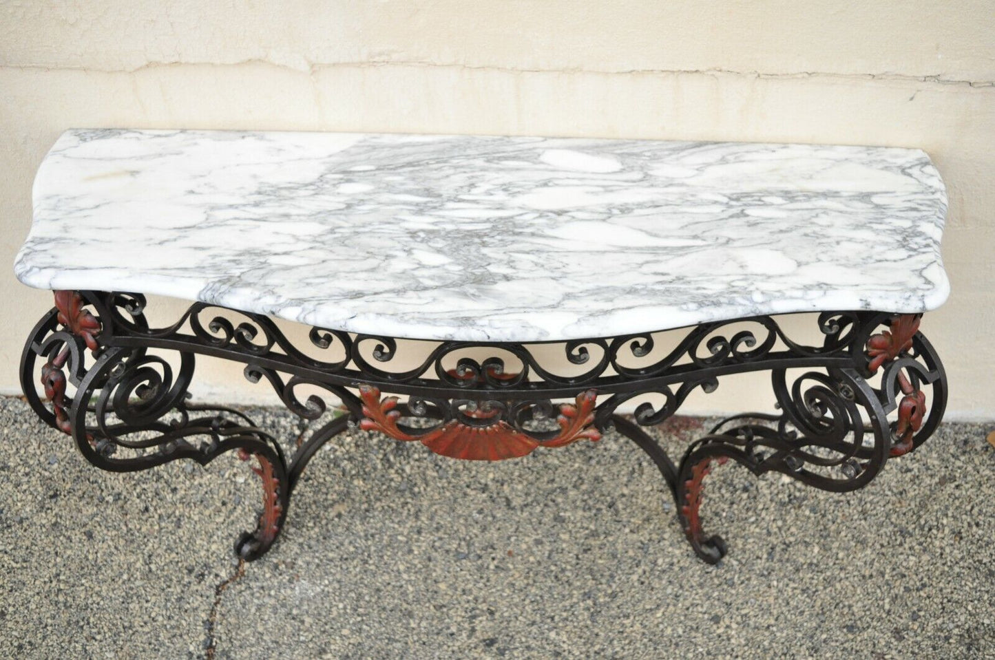 Antique French Art Nouveau Marble Top Wrought Iron Wall Mount Console Hall Table