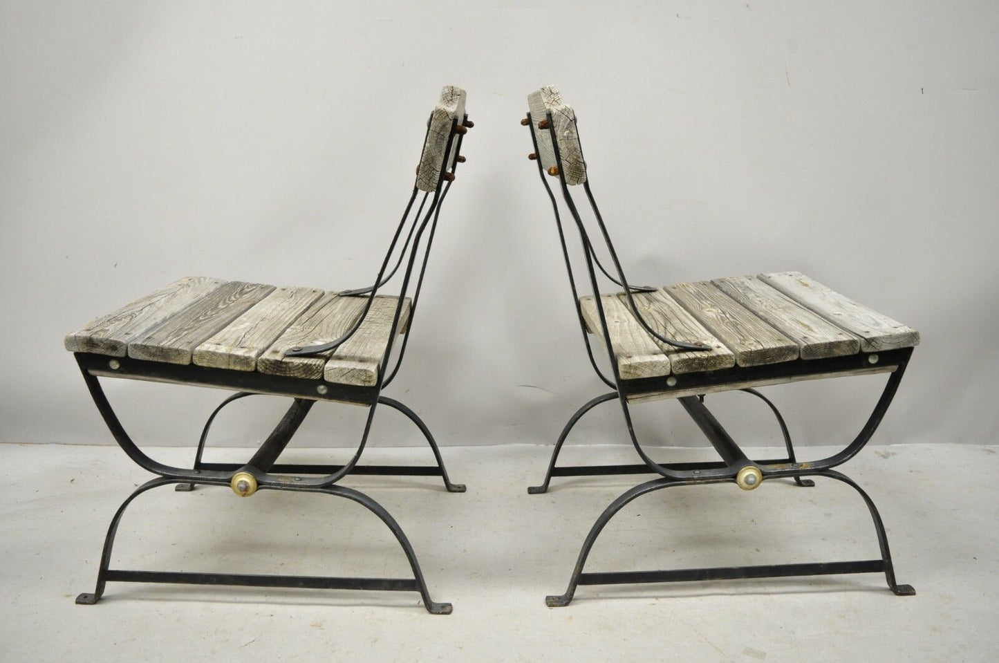 Antique French Industrial Wrought Iron Wooden Slat Seat Side Chairs - a Pair