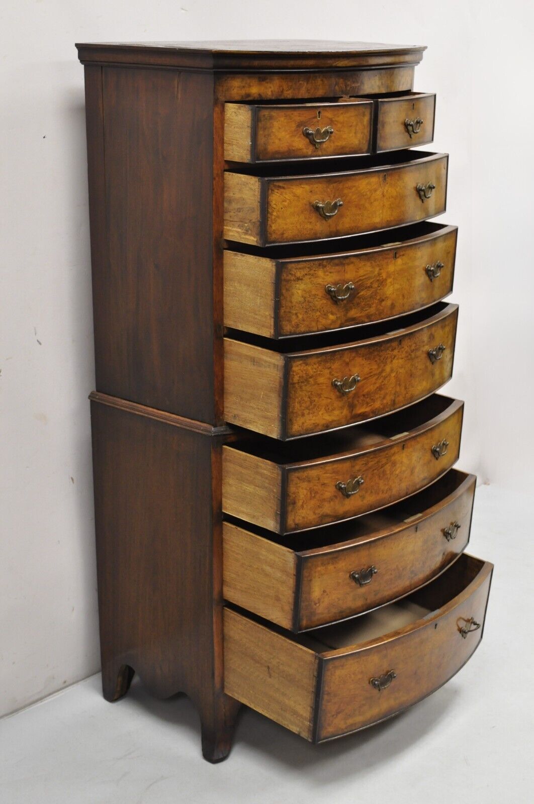 19th C English George II Burl Walnut Chest on Chest Dresser Chest of 8 Drawers