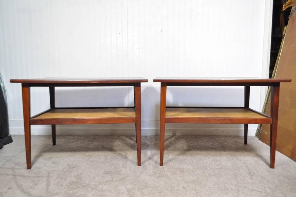 Vtg Pair Mid Century Modern Cane Walnut Laminate Foster McDavid End Side Tables