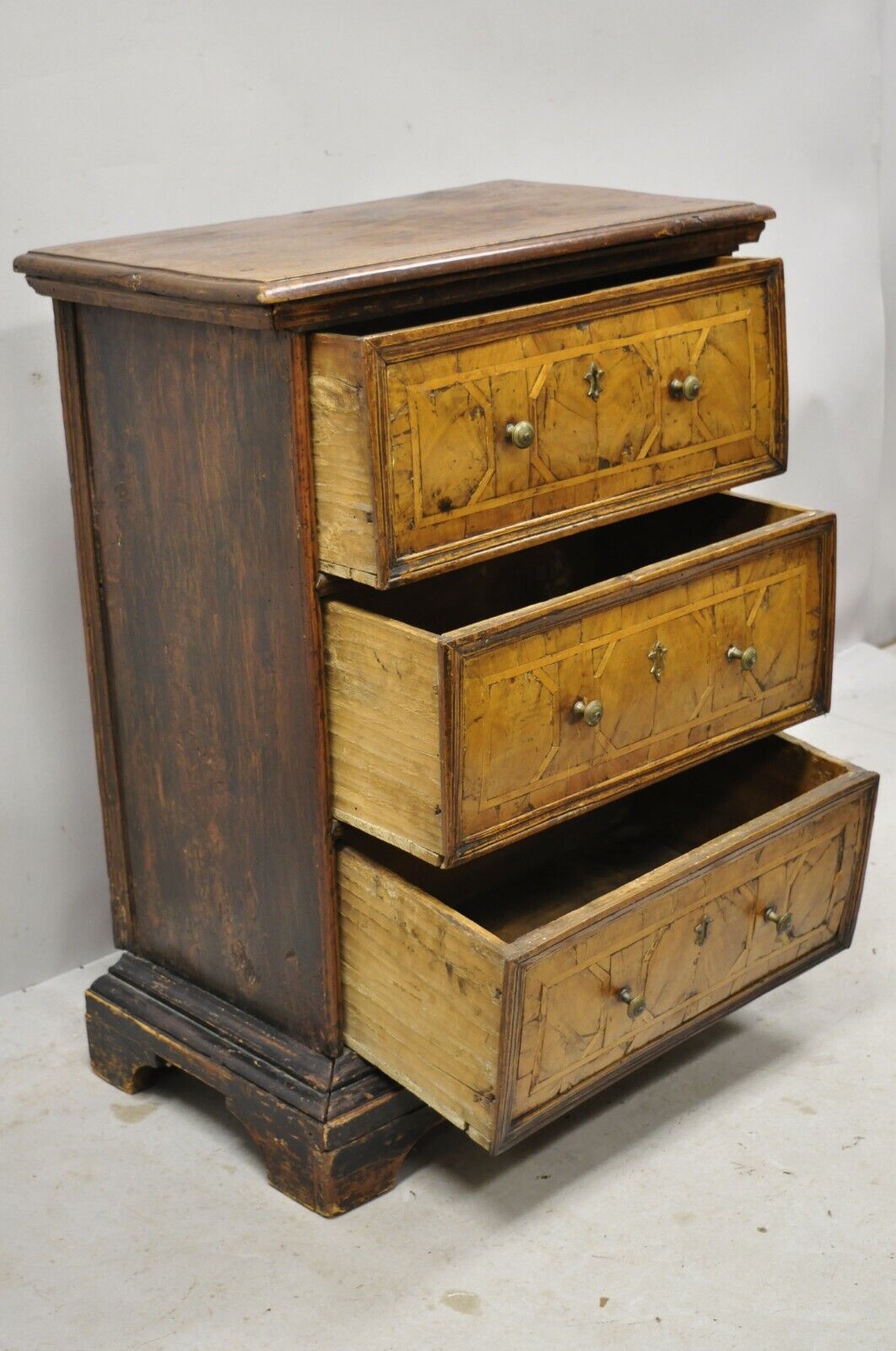 19th Century Italian Marquetry Inlay Walnut 3 Drawer Commode Chest Nightstand