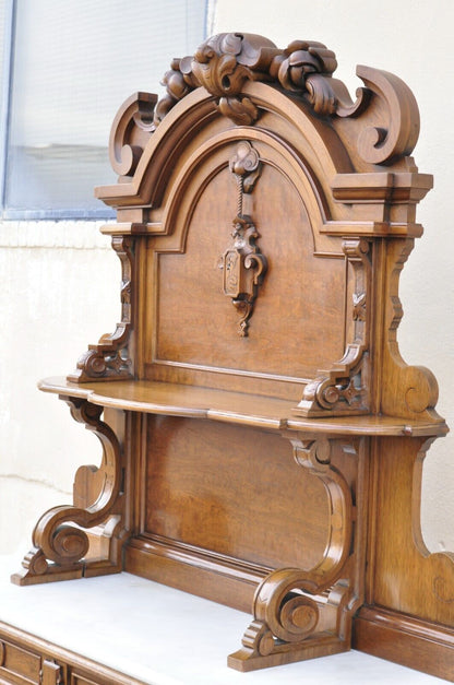 Victorian Carved Walnut Marble Top Custom Sideboard Buffet Cabinet w/ Backsplash