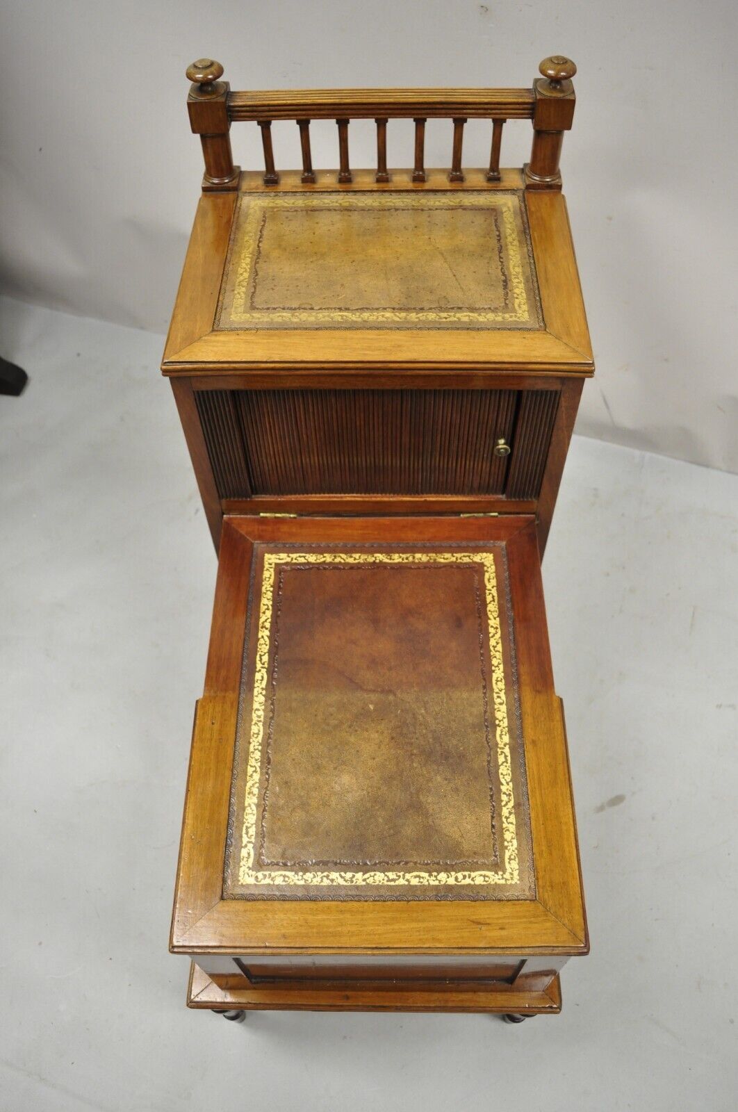 Antique English Regency Leather Top 3 Tier Side Table with Hidden Storage